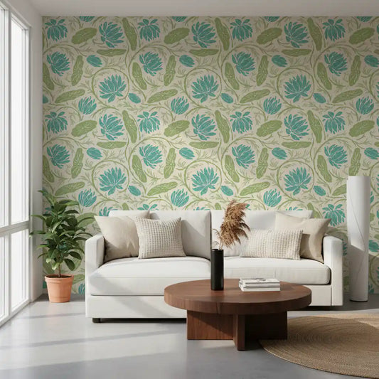Teal lotus blooms and green pads styling a hallway, a floral wallpaper GD11515
