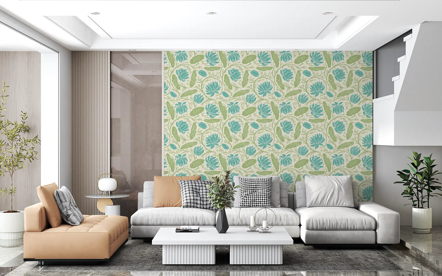 Lotus - Botanical Trailing Water Lily Floral Block Print-  Blue and Green Wallpaper⁠