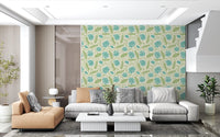 Lotus - Botanical Trailing Water Lily Floral Block Print-  Blue and Green Wallpaper⁠