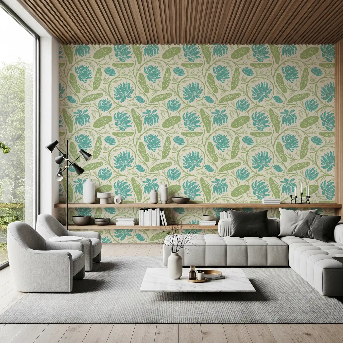 Lotus - Botanical Trailing Water Lily Floral Block Print-  Blue and Green Wallpaper⁠