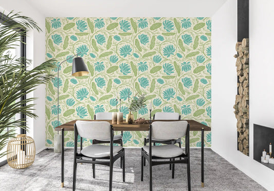 Lotus - Carta da parati botanica con stampa a blocchi floreale di ninfea acquatica scivolante - Blu e verde⁠
