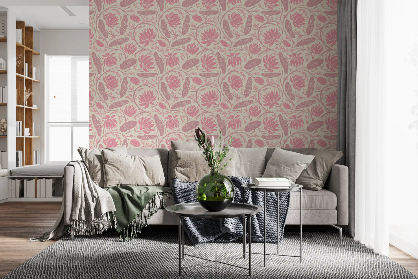 Lotus - Botanical Trailing Water Lily Floral Block Print-  Monochromatic Pink Wallpaper⁠