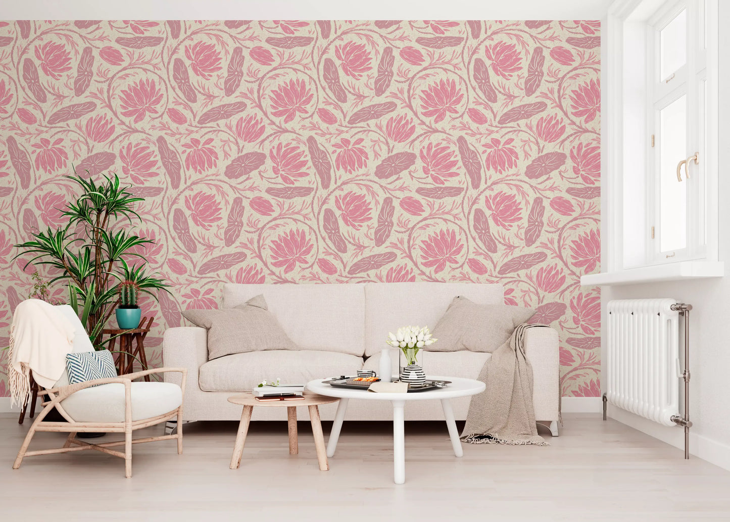 Lotus - Botanical Trailing Water Lily Floral Block Print-  Monochromatic Pink Wallpaper⁠