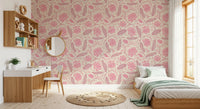 Lotus - Botanical Trailing Water Lily Floral Block Print-  Monochromatic Pink Wallpaper⁠