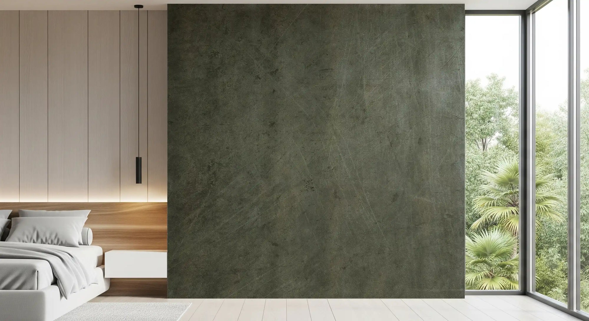 Wall mural wraps a calm bedroom in Scratched Suede Olive Juice texture GD11518