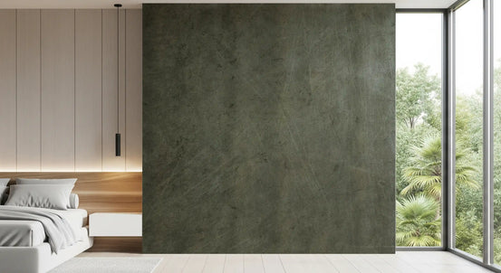 Wall mural wraps a calm bedroom in Scratched Suede Olive Juice texture GD11518
