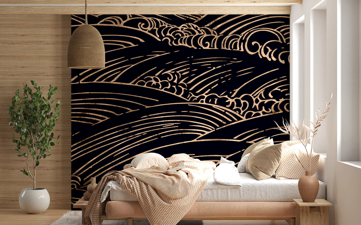 Wandbild mit vergoldeten, rollenden japanischen Wellen