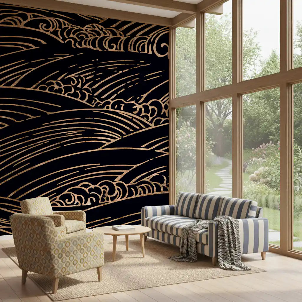 Wandbild mit vergoldeten, rollenden japanischen Wellen