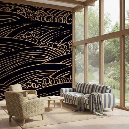 Wandbild mit vergoldeten, rollenden japanischen Wellen