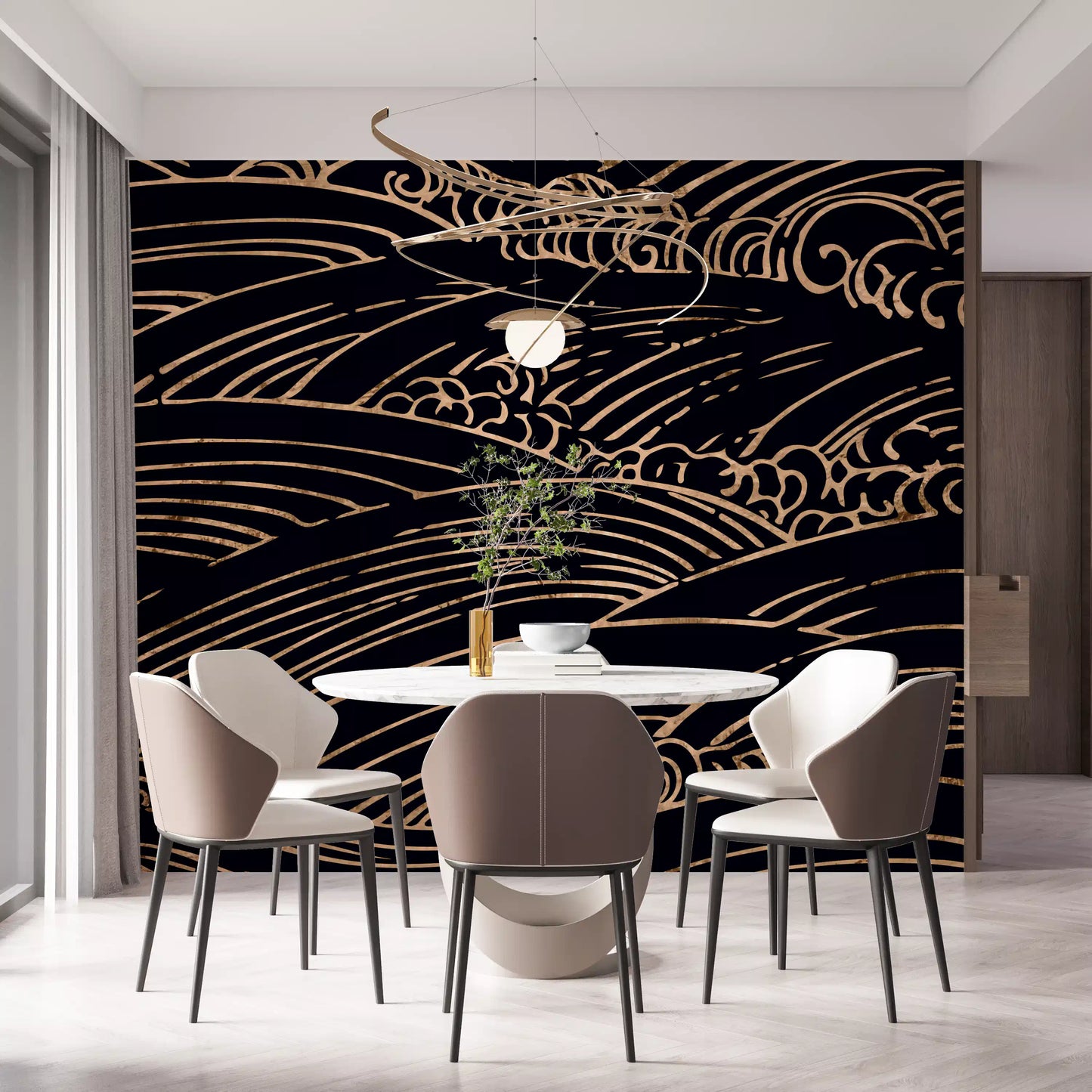 Wandbild mit vergoldeten, rollenden japanischen Wellen