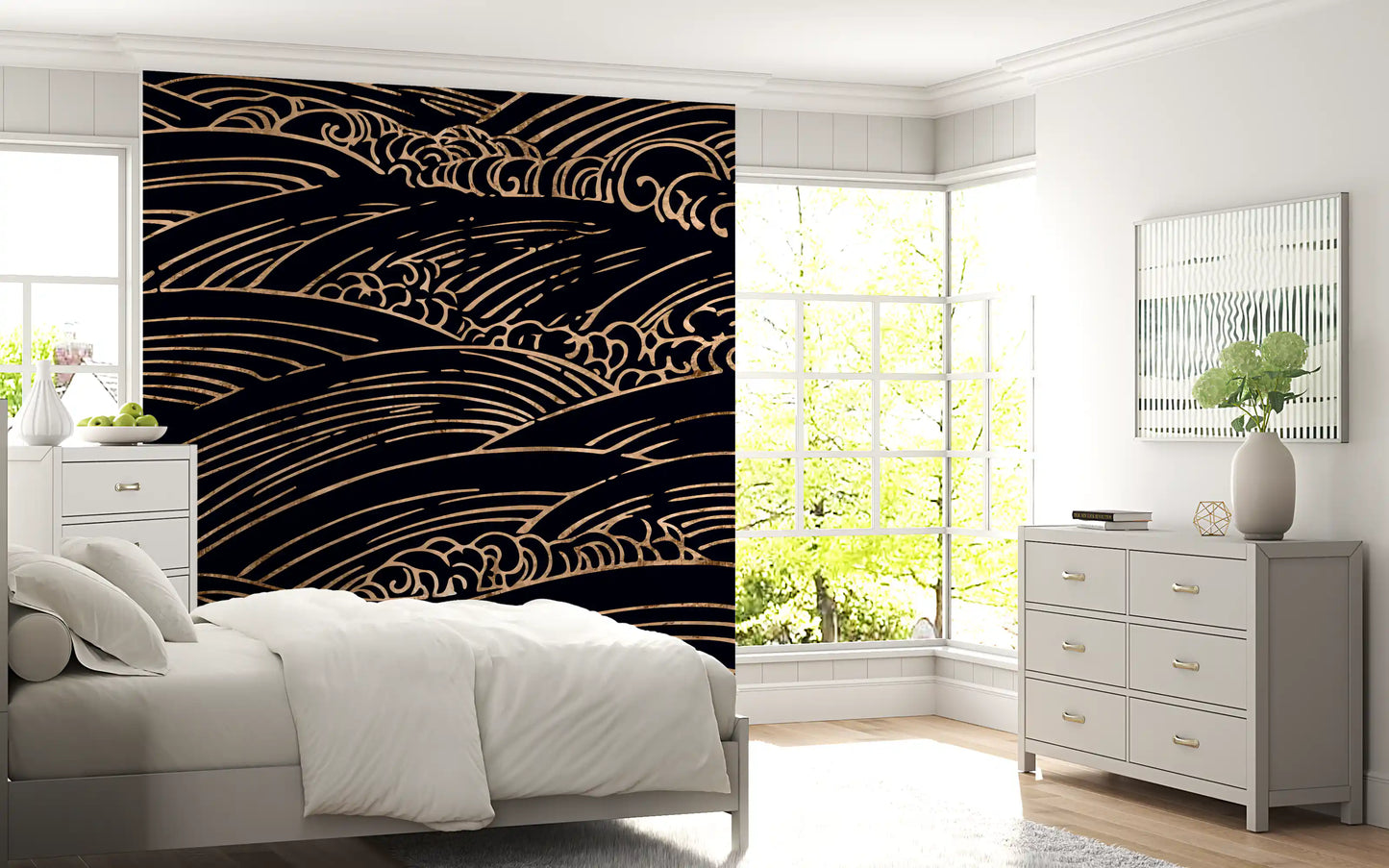 Wandbild mit vergoldeten, rollenden japanischen Wellen