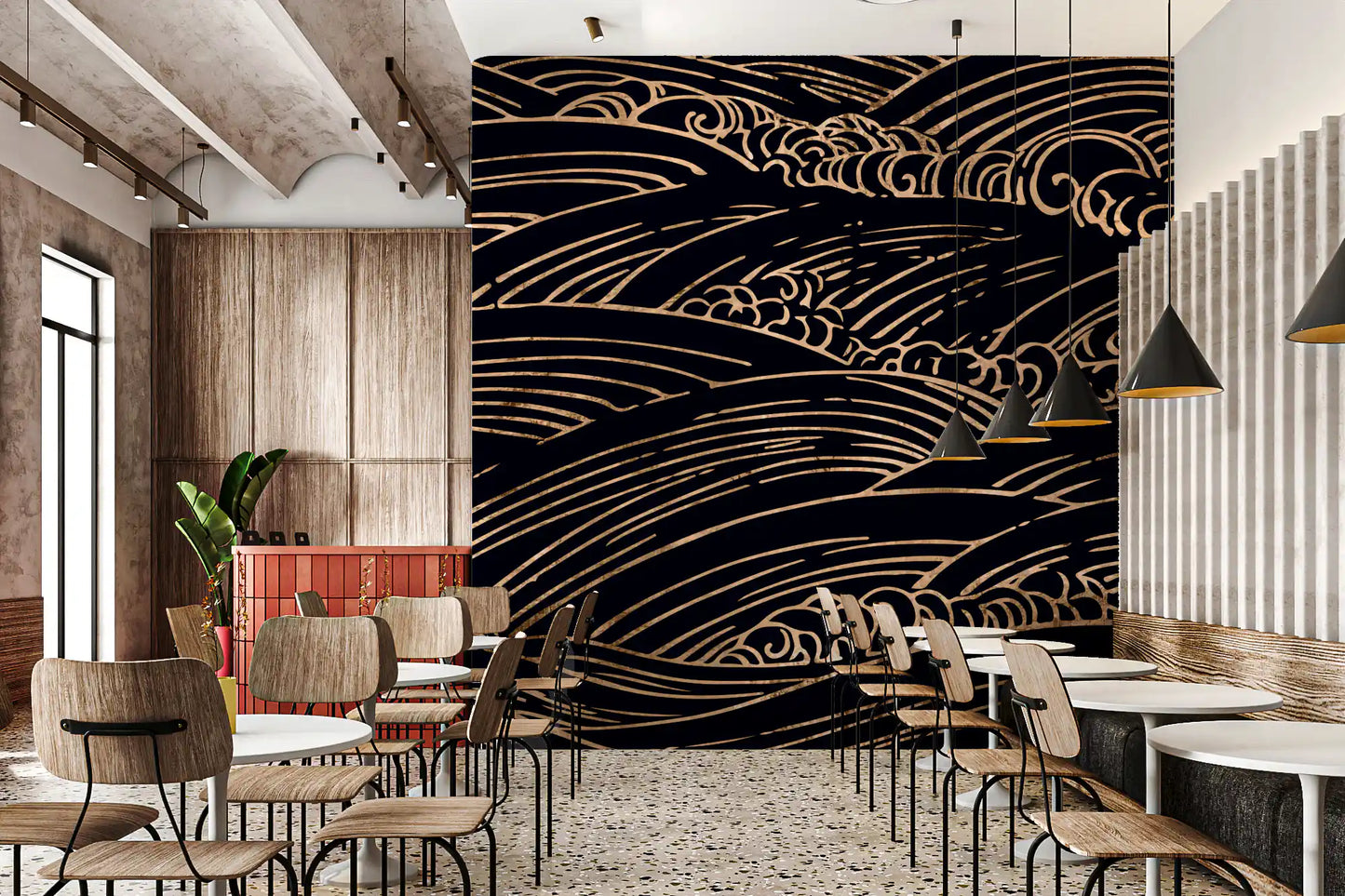 Wandbild mit vergoldeten, rollenden japanischen Wellen