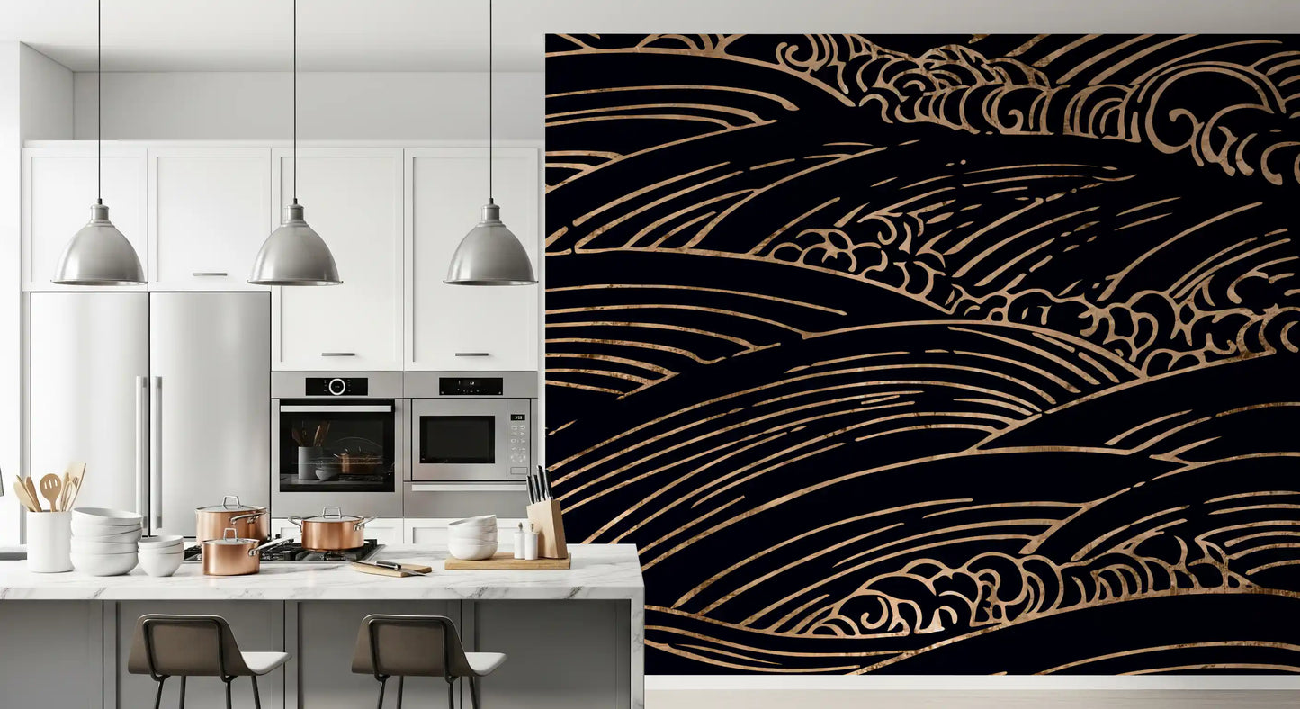 Wandbild mit vergoldeten, rollenden japanischen Wellen