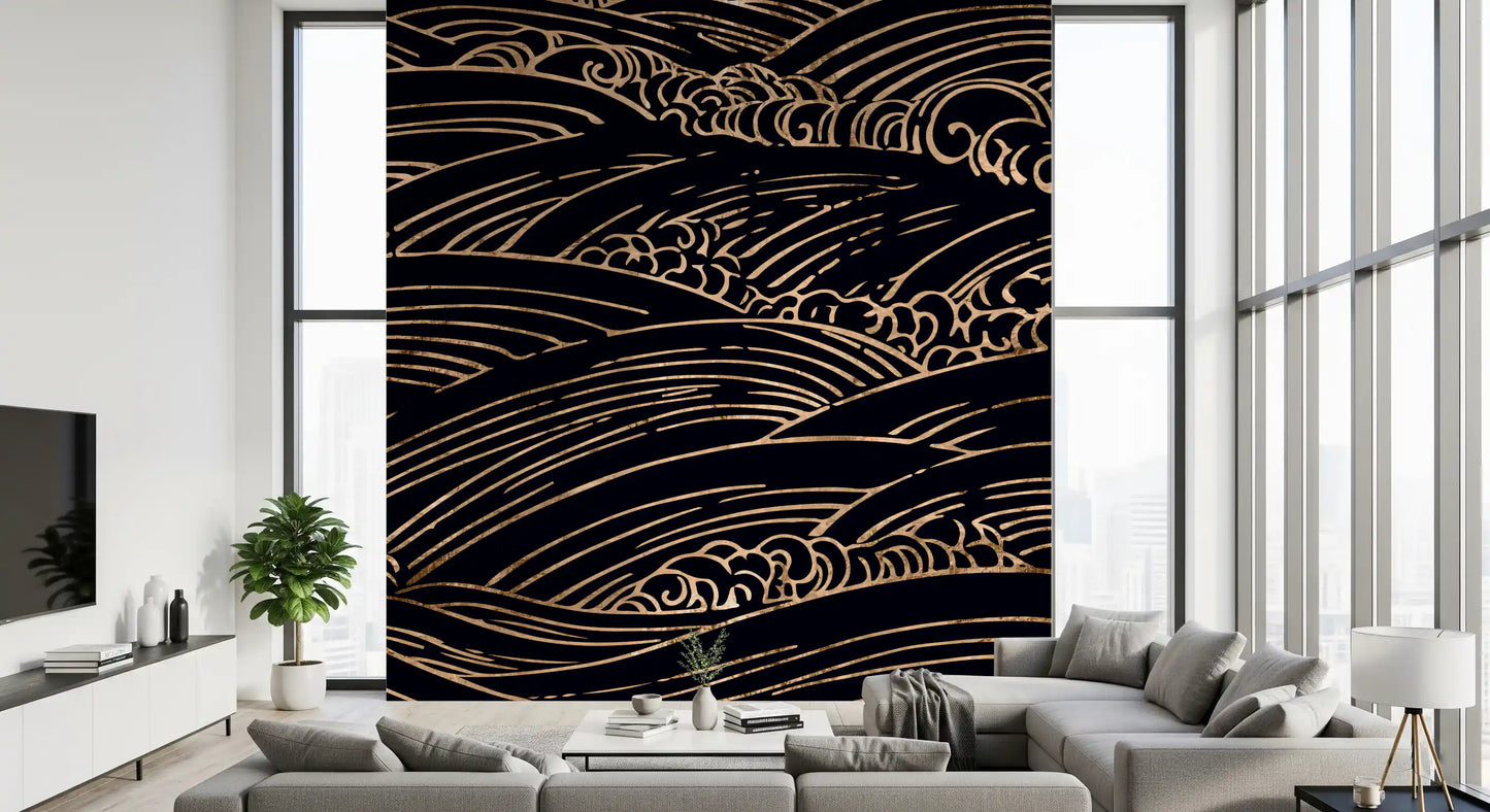 Wandbild mit vergoldeten, rollenden japanischen Wellen