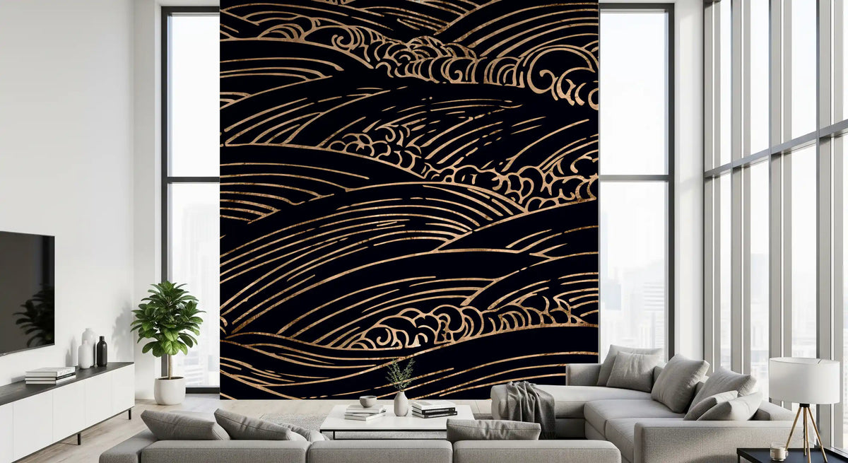Gilded Rolling Waves spread gold on the wall mural in a rich living room GD11524