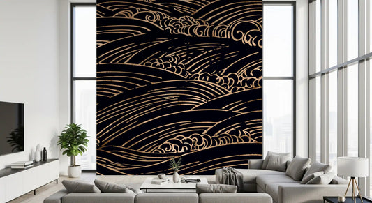 Wandbild mit vergoldeten, rollenden japanischen Wellen