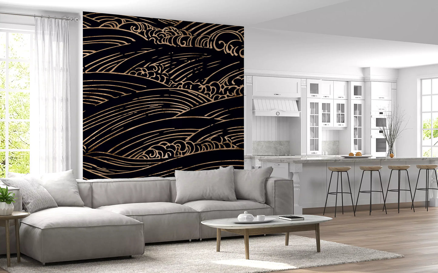 Wandbild mit vergoldeten, rollenden japanischen Wellen