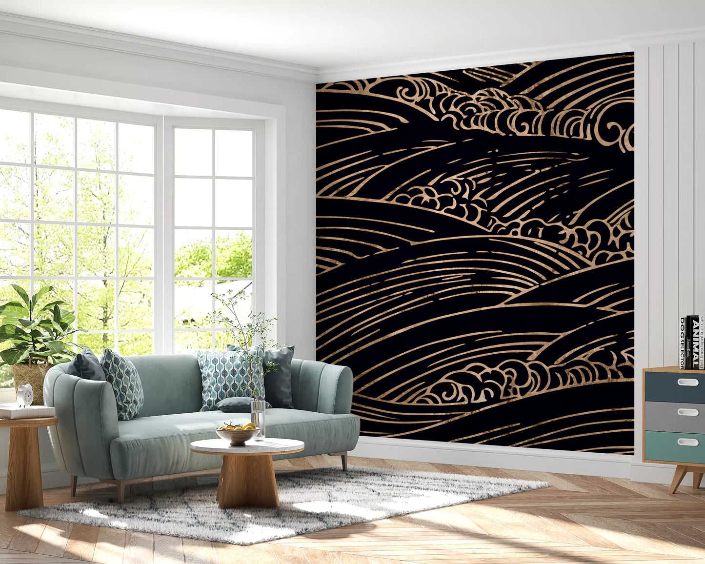 Wandbild mit vergoldeten, rollenden japanischen Wellen