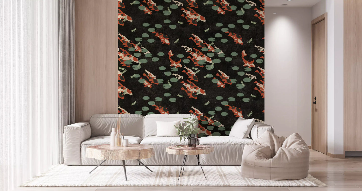 Papier peint mural Étang de carpes koï avec libellules