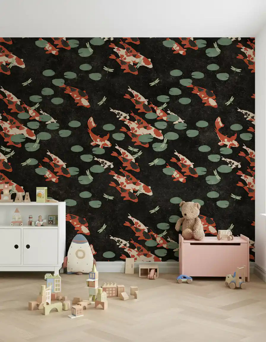 Papier peint mural Étang de carpes koï avec libellules
