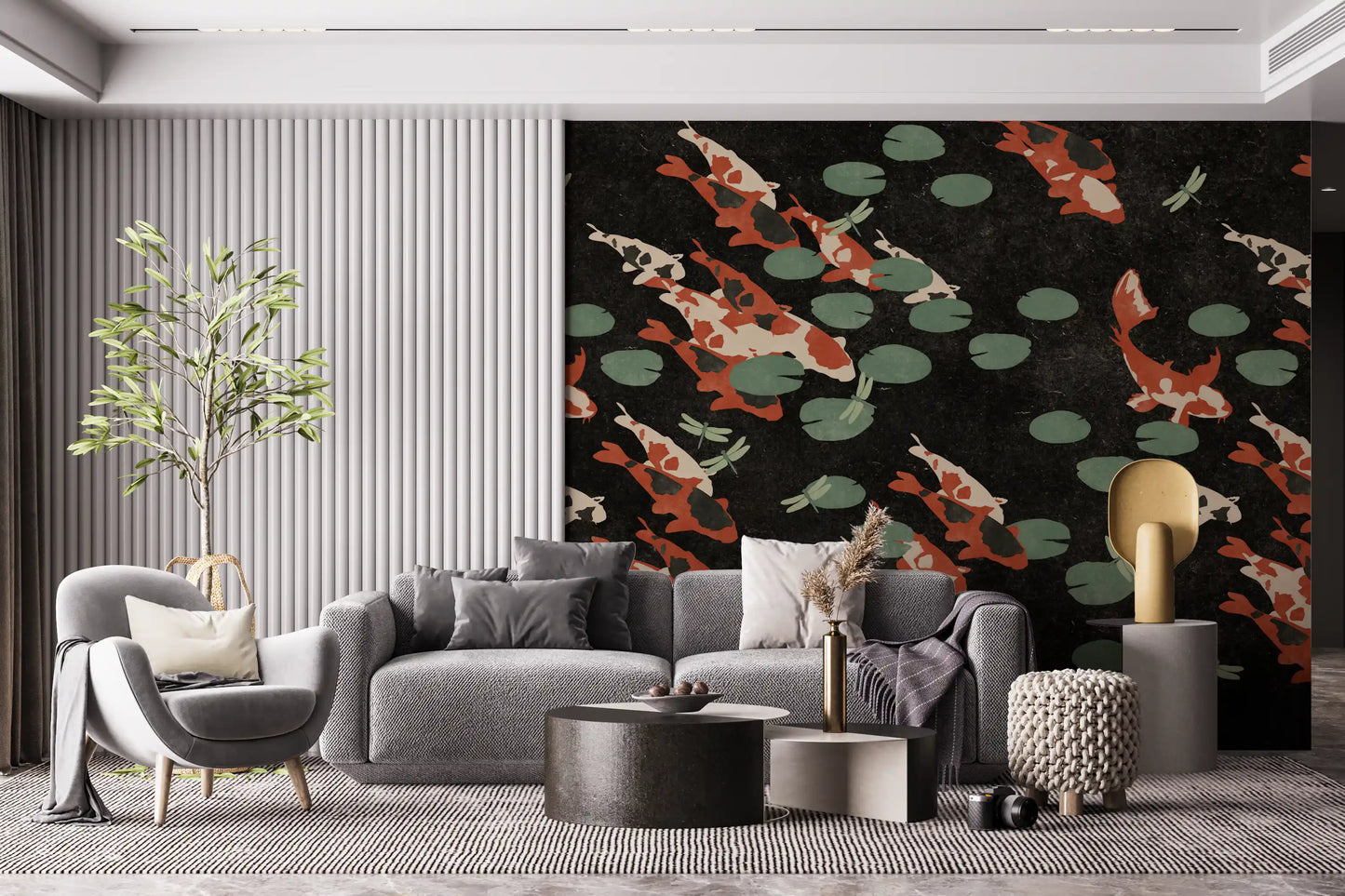 Papier peint mural Étang de carpes koï avec libellules