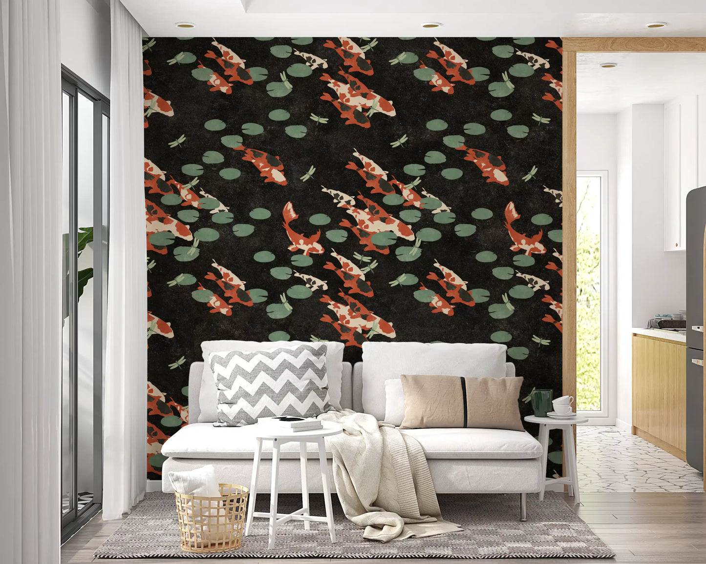 Papier peint mural Étang de carpes koï avec libellules