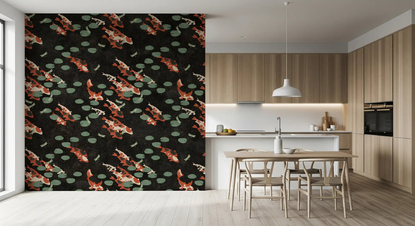 Papier peint mural Étang de carpes koï avec libellules
