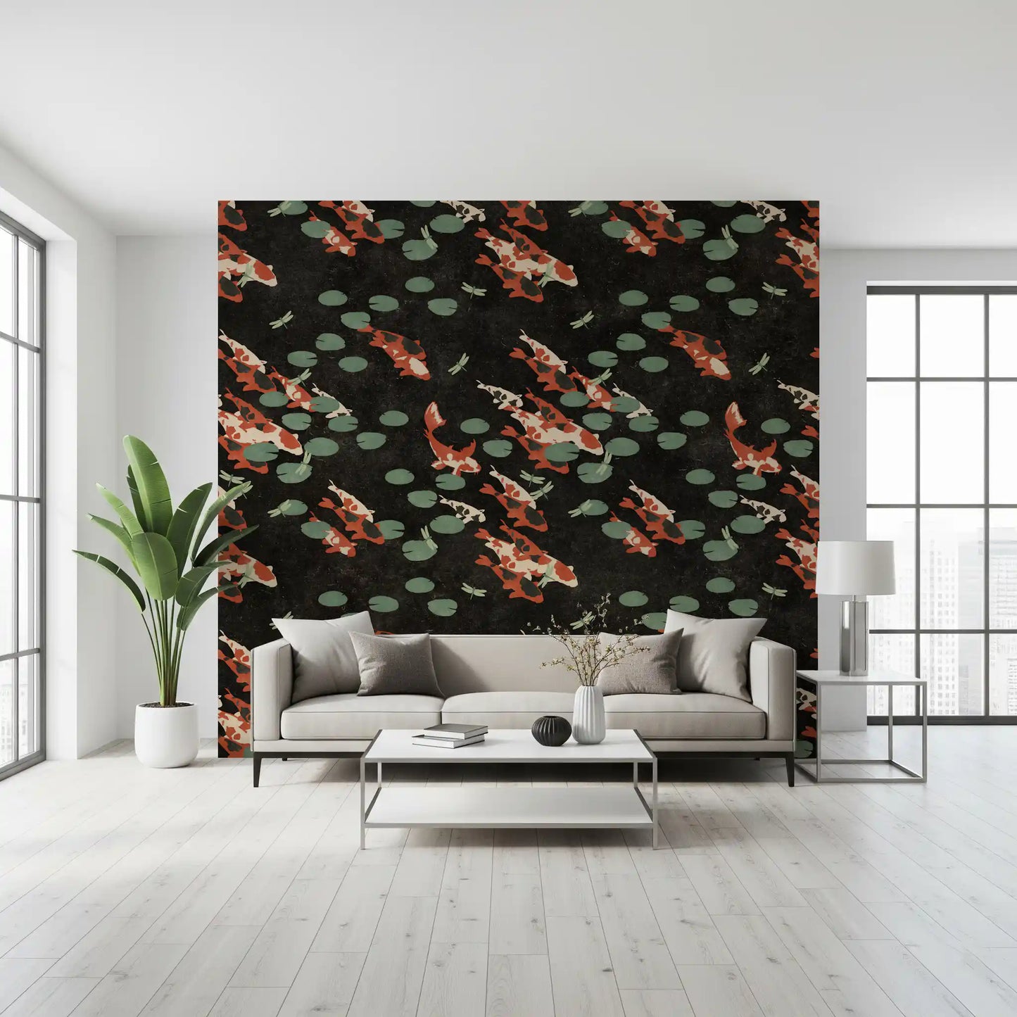 Papier peint mural Étang de carpes koï avec libellules