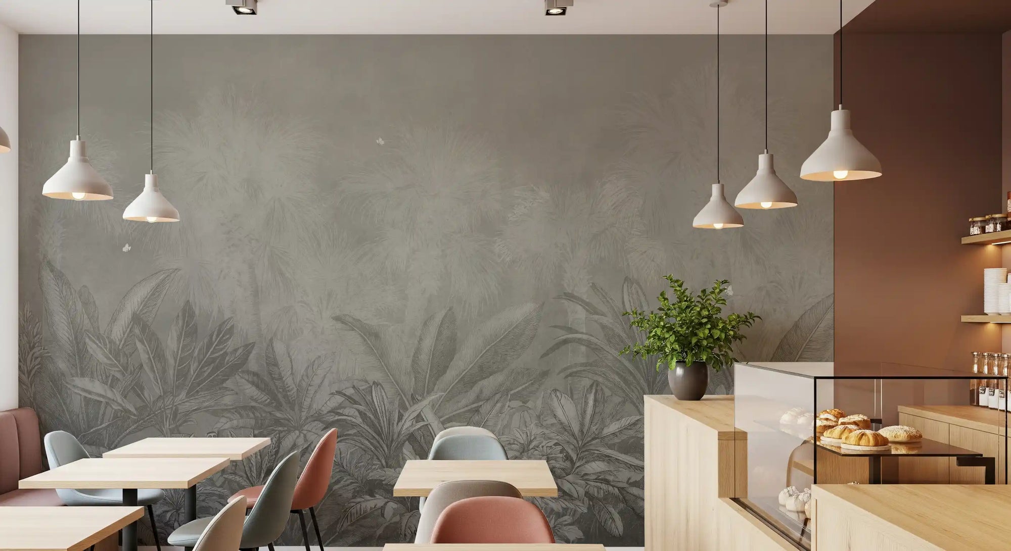 Cool grey tones fill the wall mural, Jungle Mists Dusk in a cafe area GD11528