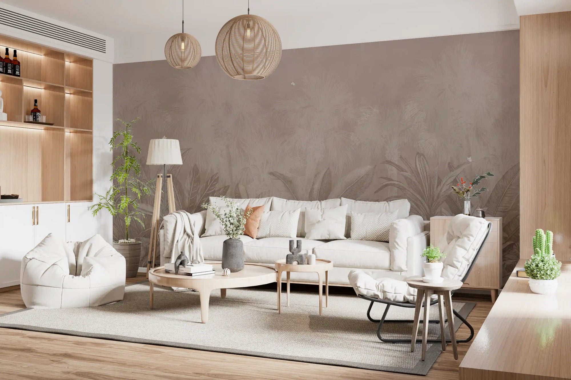 Warm mauve tones fill the wall mural, Jungle Mists Dream in a living room GD11529