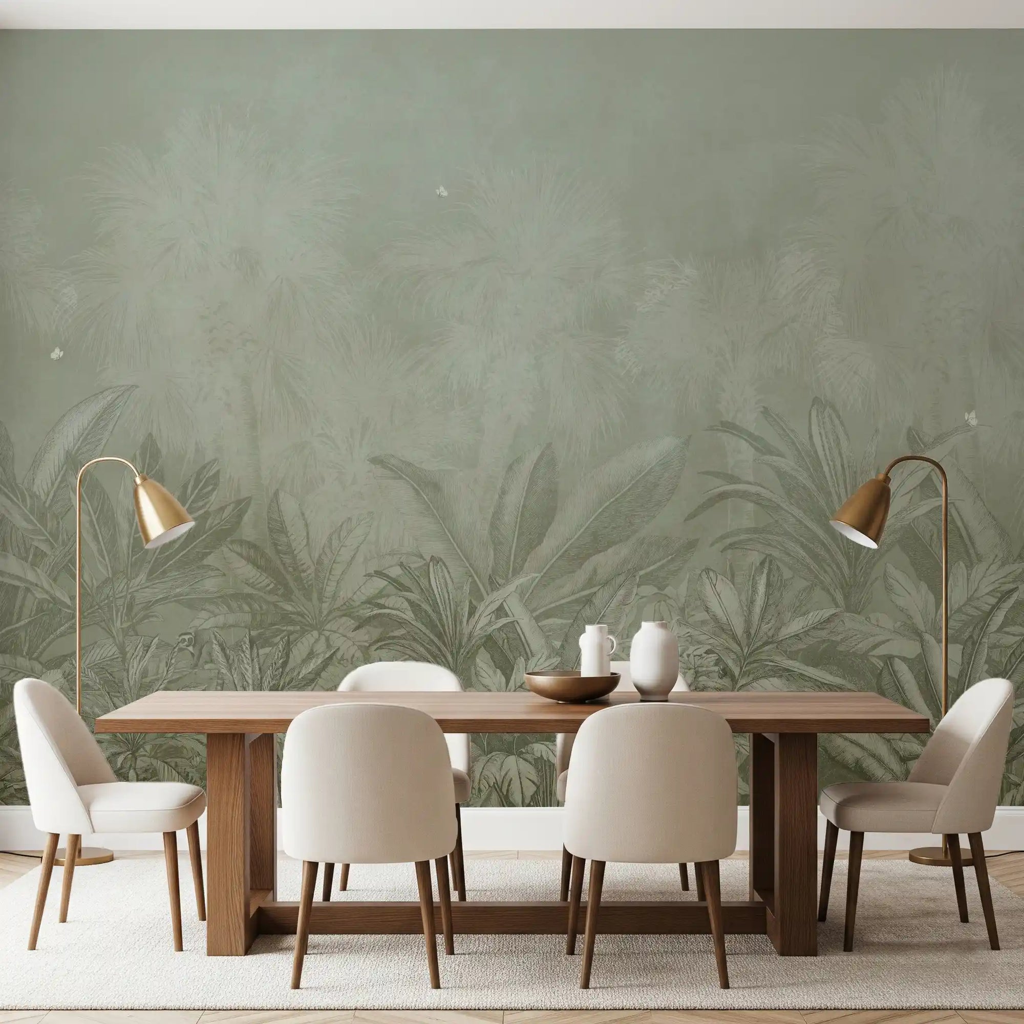 Cool sage green fills the wall mural, Jungle Mists Water in a dining room GD11532