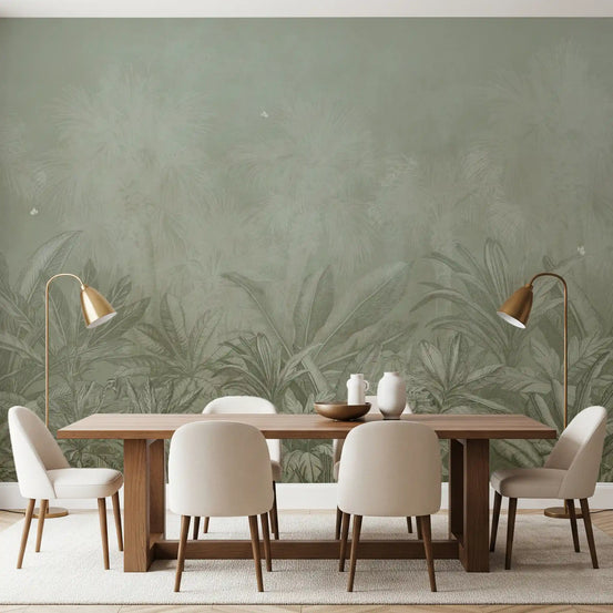 Cool sage green fills the wall mural, Jungle Mists Water in a dining room GD11532