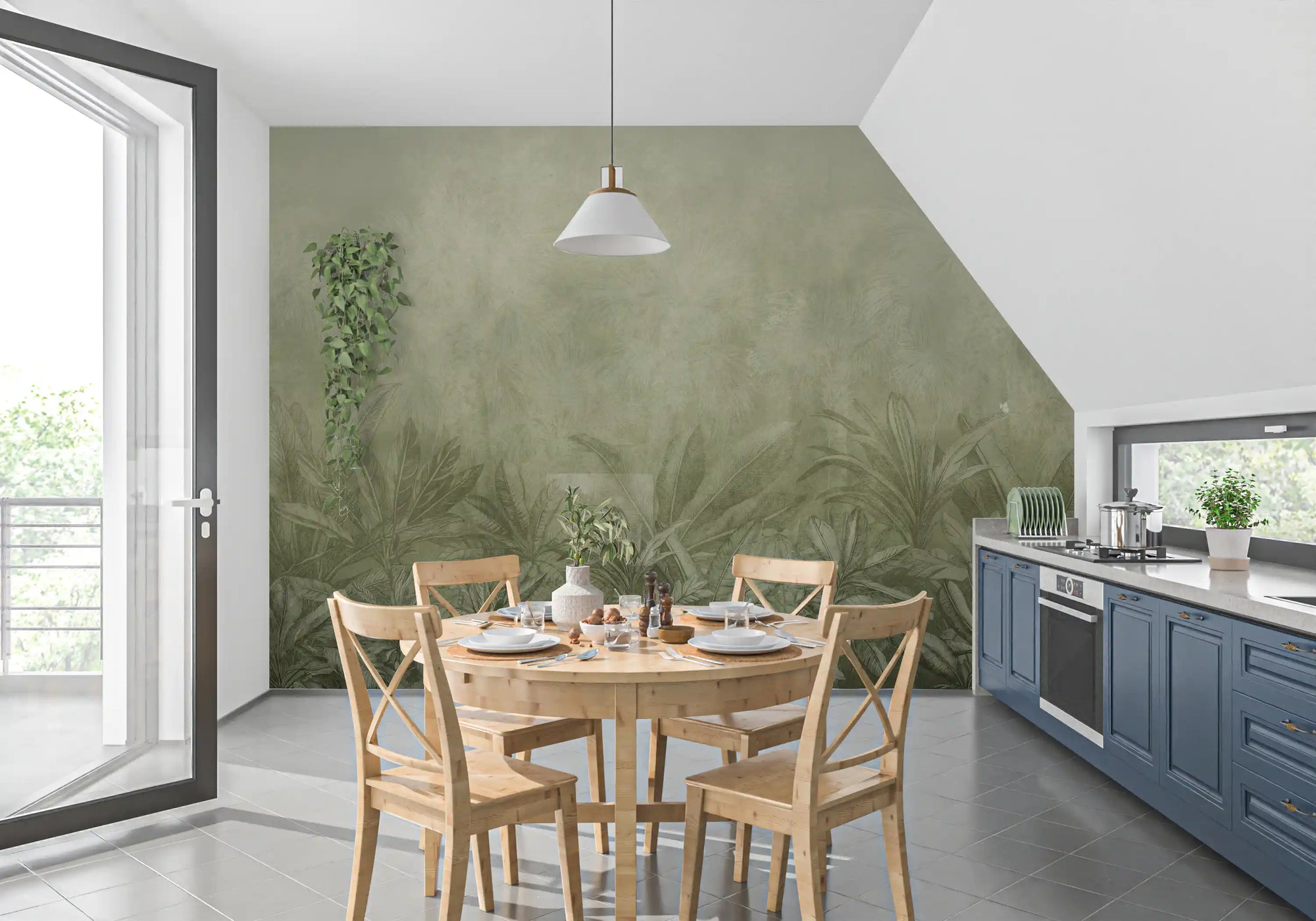 Jungle Mists Olive spreads misty green on the wall mural in a dining room GD11533