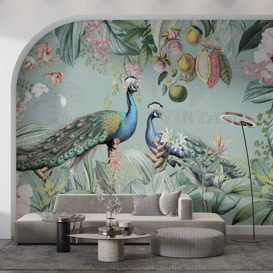 Wall mural in a living room holds two peacocks among tropical leaves GD11534