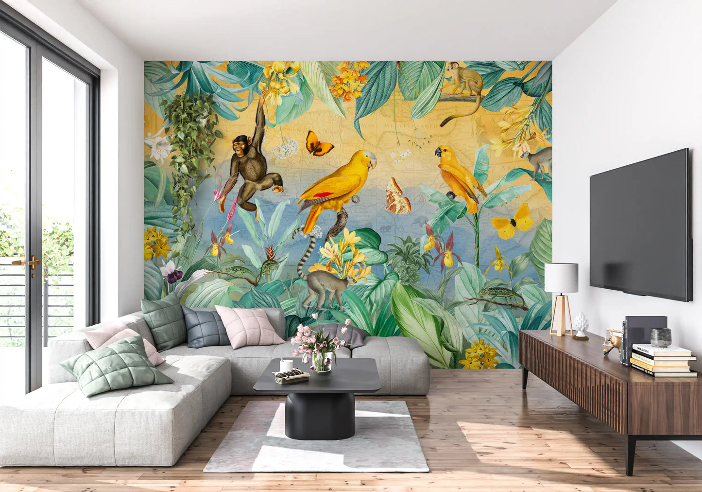 Vægmaleri med botanisk jungleeventyrscene