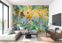 Vægmaleri med botanisk jungleeventyrscene