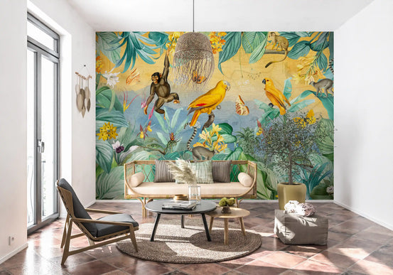 Teal leaves and lemurs on a botanical wall mural in a hallway GD11536
