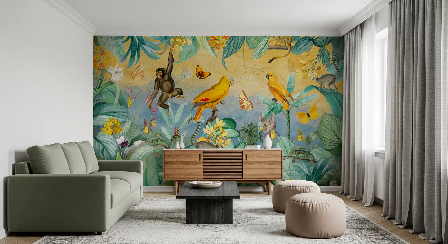 Vægmaleri med botanisk jungleeventyrscene