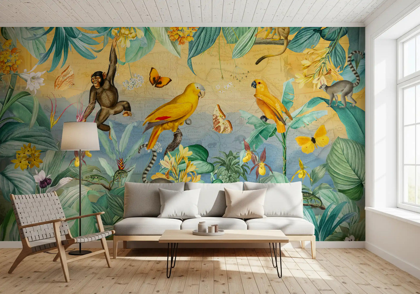Vægmaleri med botanisk jungleeventyrscene