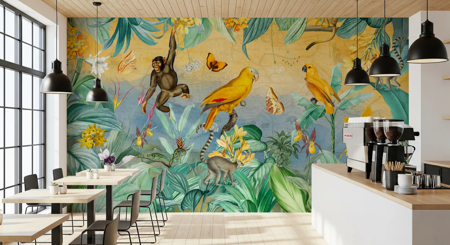 Vægmaleri med botanisk jungleeventyrscene