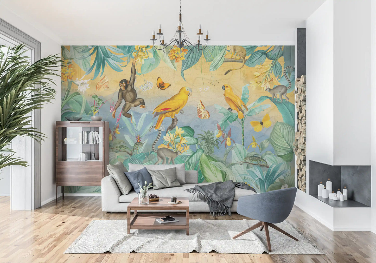 Vægmaleri med botanisk jungleeventyrscene
