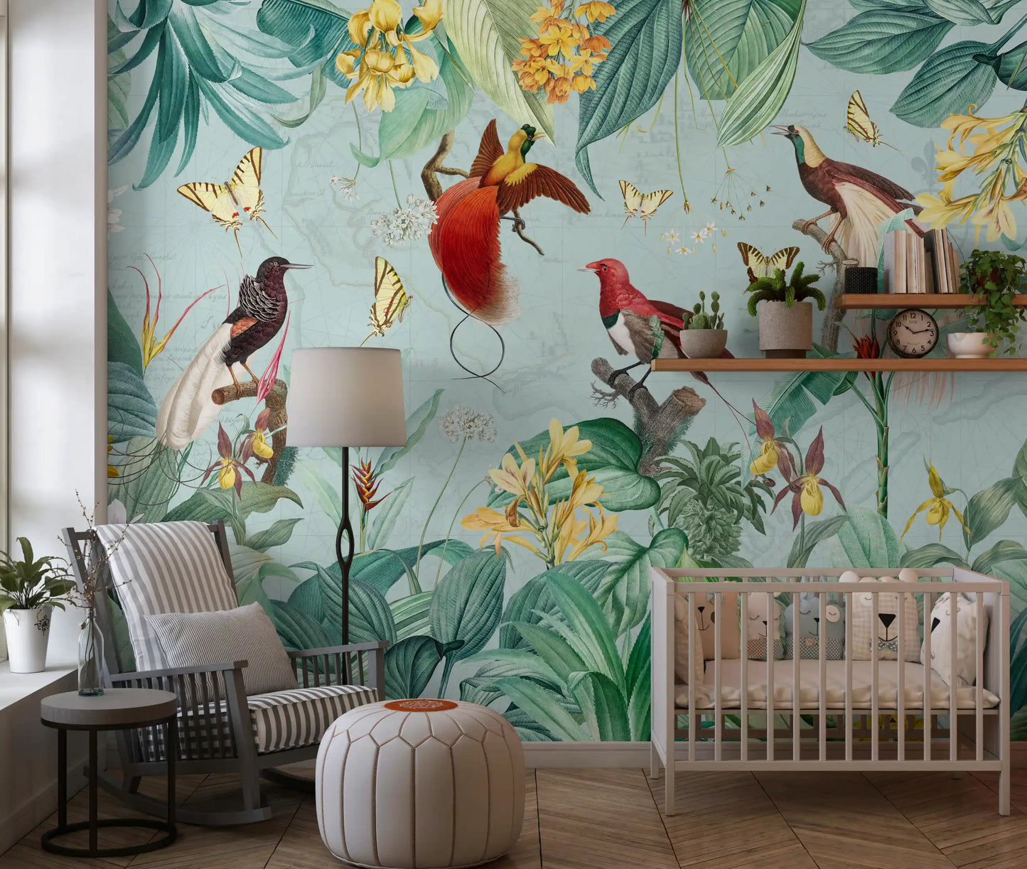 Vægmaleri med illustration af eksotisk fugl og tropisk flora