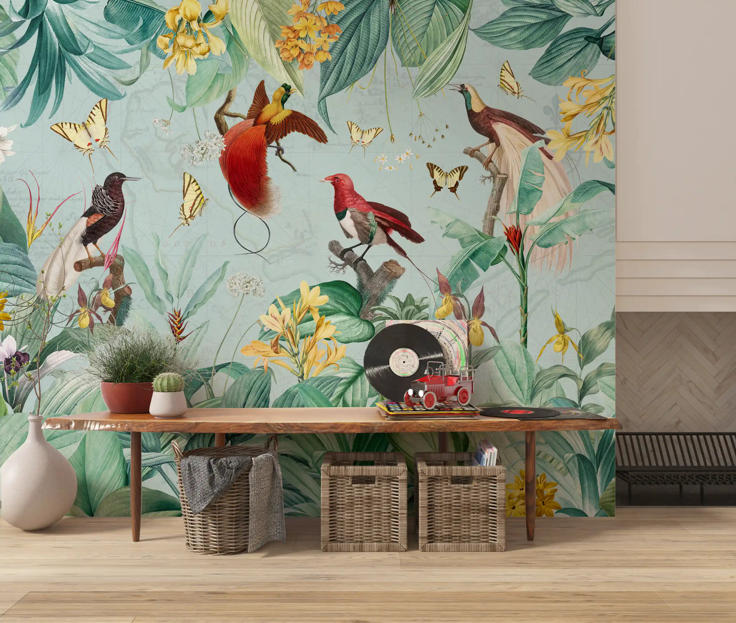 Vægmaleri med illustration af eksotisk fugl og tropisk flora