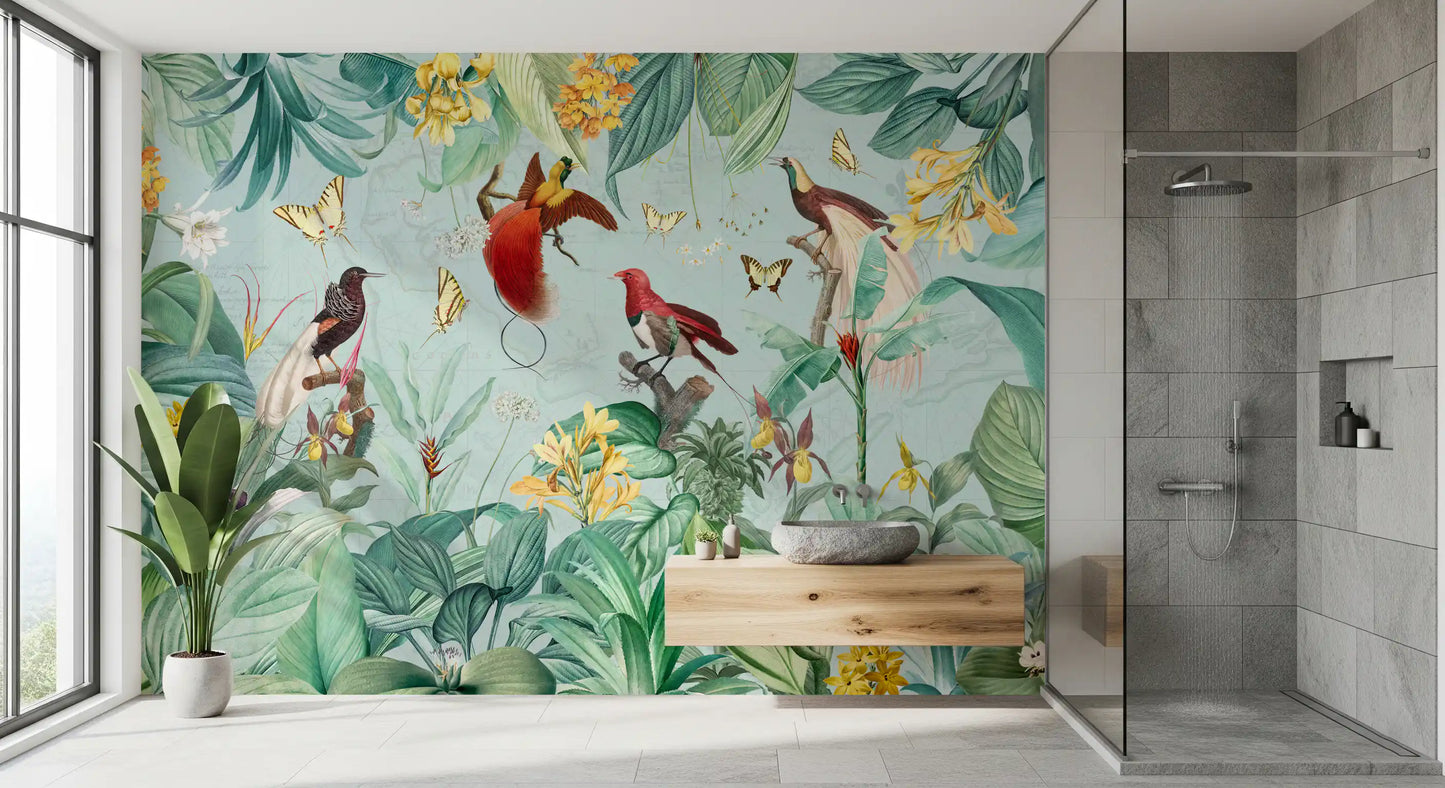 Vægmaleri med illustration af eksotisk fugl og tropisk flora