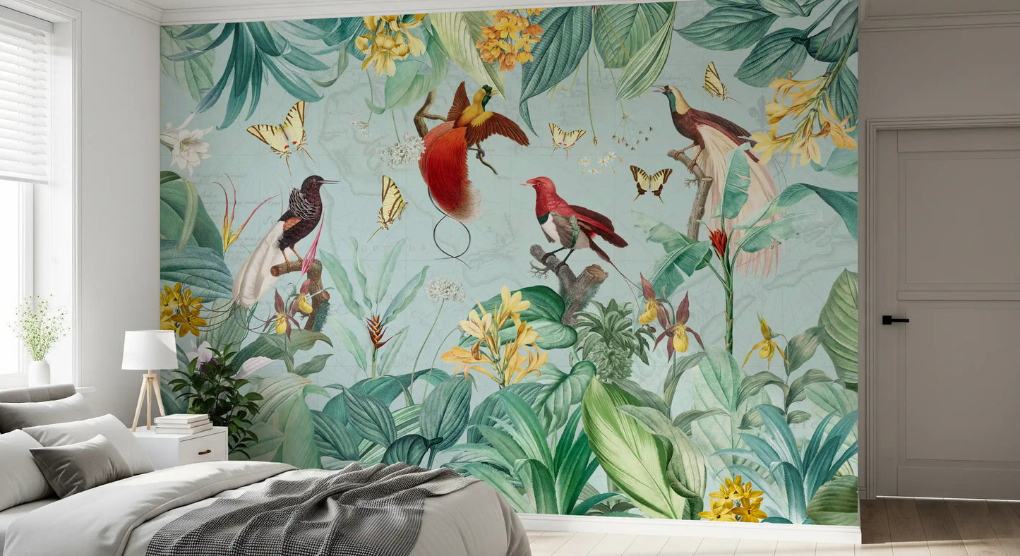 Vægmaleri med illustration af eksotisk fugl og tropisk flora