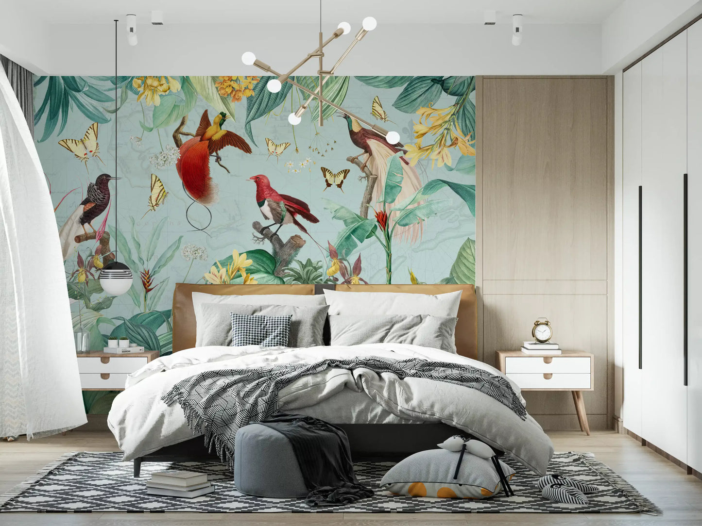 Vægmaleri med illustration af eksotisk fugl og tropisk flora