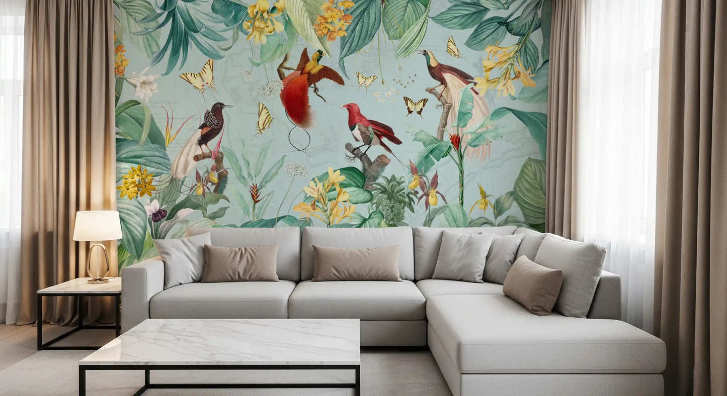 Vægmaleri med illustration af eksotisk fugl og tropisk flora