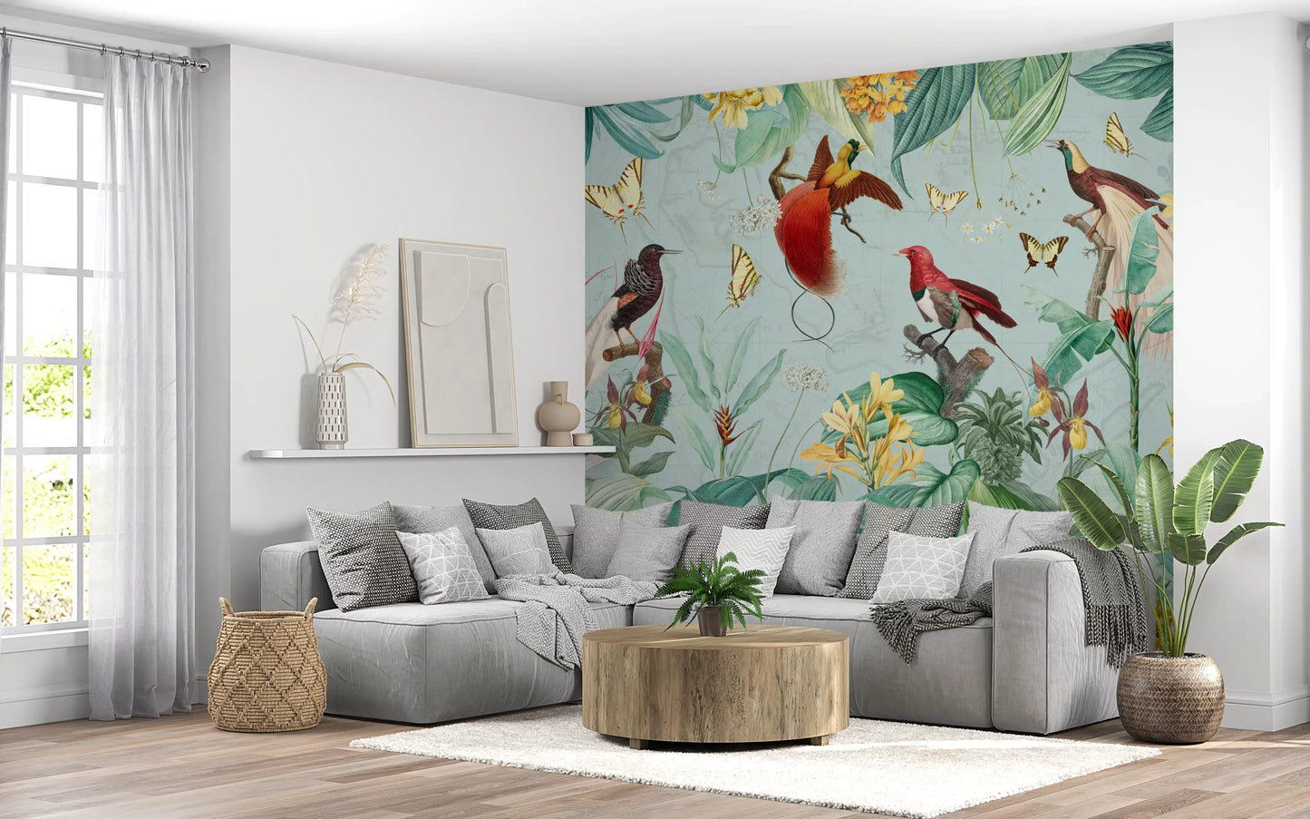 Vægmaleri med illustration af eksotisk fugl og tropisk flora