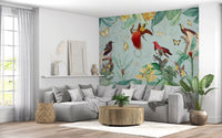 Vægmaleri med illustration af eksotisk fugl og tropisk flora
