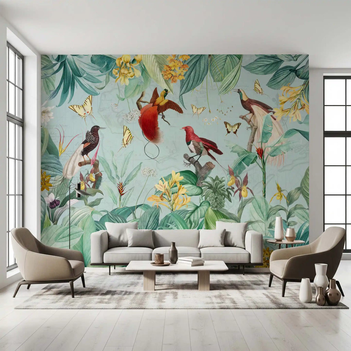 Vægmaleri med illustration af eksotisk fugl og tropisk flora